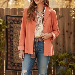 BCBG Max Azria Vintage Salmon Peach Suede Leather Blazer Jacket L Laser Cut